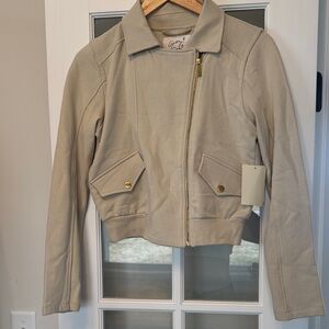 Grey State Neutral Beige-Gray Bomber Jacket with Gold Hardware
